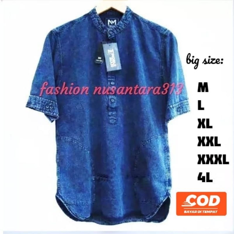 (JUMBO)Baju Atasan Kurta Jeans Pria Jumbo Lengan Pendek Polos Big Size M-XXXL/Kurta Pria Jumbo Lenga