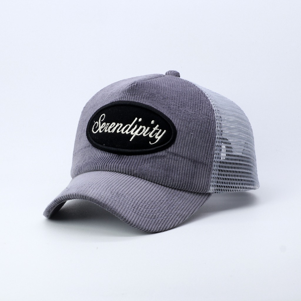 TOPI JARING TRUCKER HAT LIDAH PENDEK BAHAN CORDUROY WARNA ABU VISOR PENDEK SERENDIPITY