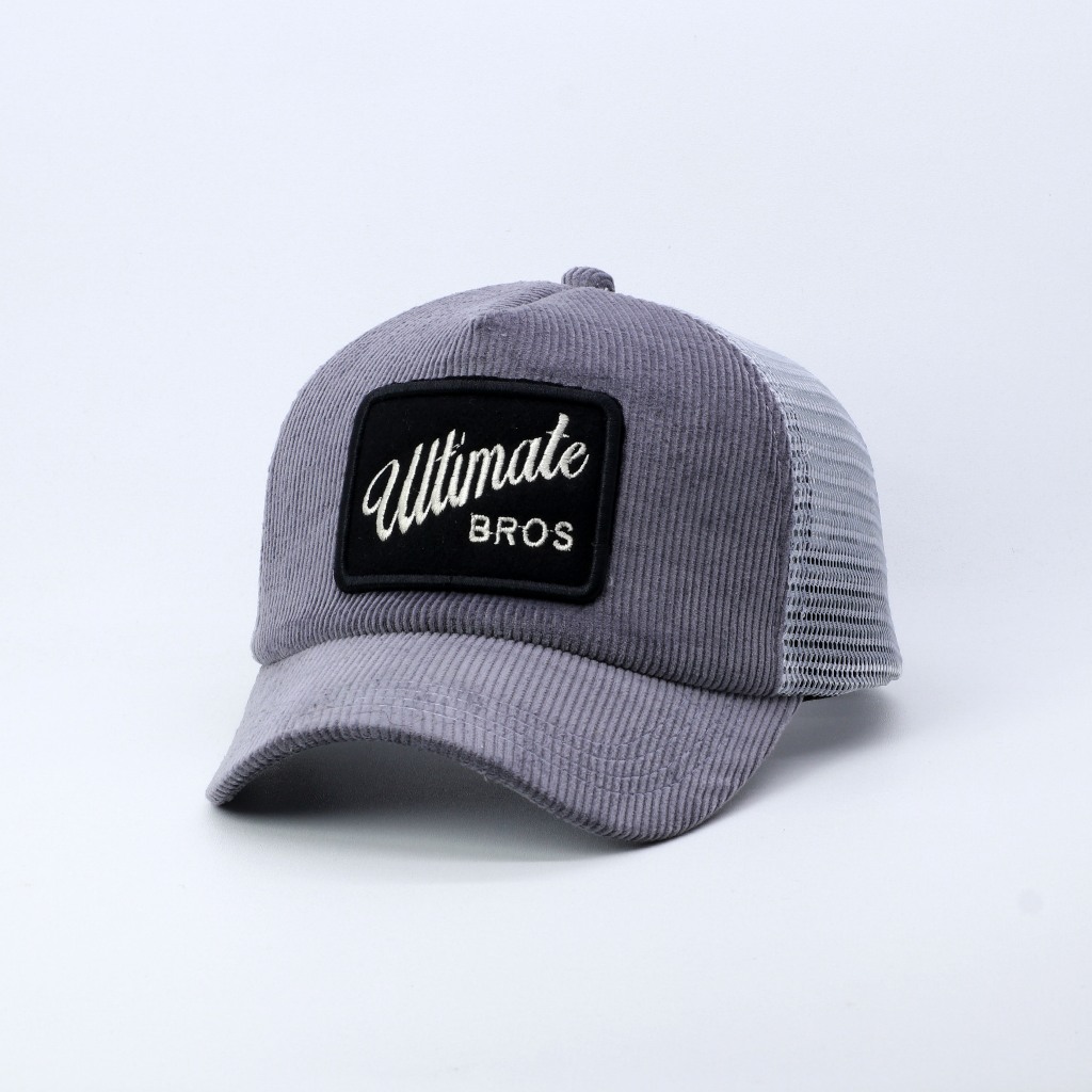 TOPI JARING TRUCKER HAT LIDAH PENDEK BAHAN CORDUROY WARNA ABU VISOR PENDEK ULTIMATE BROSS