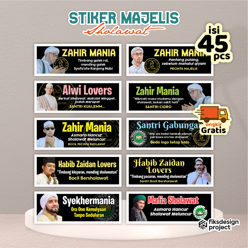 

Stiker Majelis Syekhermania, Zahirmania, Mafia Sholawat, Habib Zaidan Lover (mix custom isi 45 pcs)