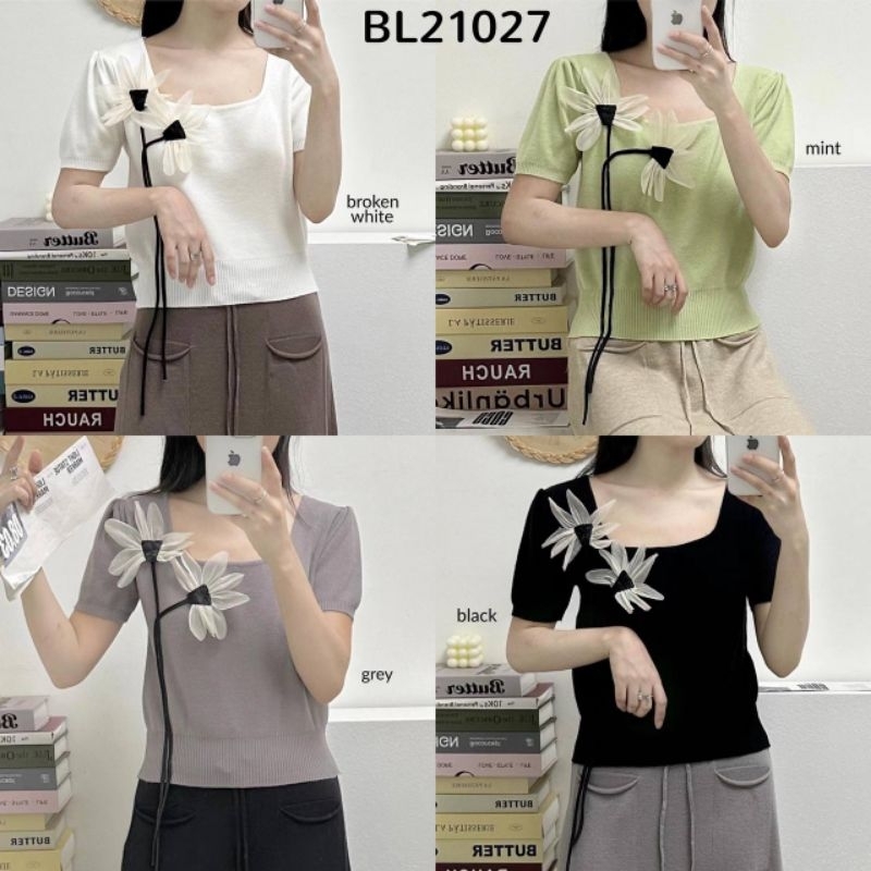 100% IMPORT 3D Flower Square Neck Knit Top BL21027