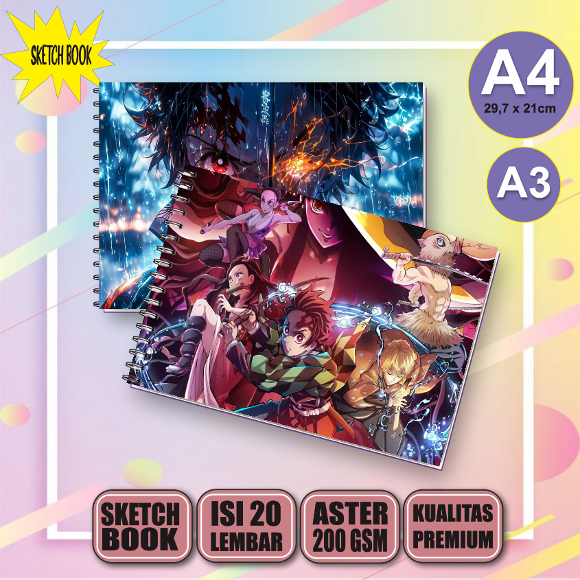 Buku Gambar Vertikal Jilid Spiral A4/a3 Sketchbook Demond Slayer, 20 Lembar/40 Halaman, 200gsm