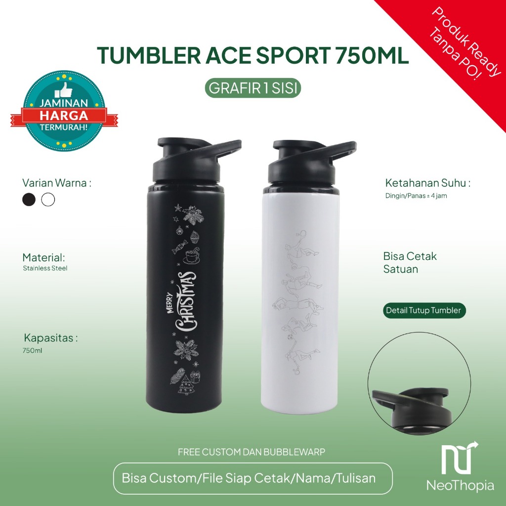 Tumbler Sport Ace 750ml Botol Minum Custom 1 Sisi Laser Grafir Custom Nama / Logo Souvenir