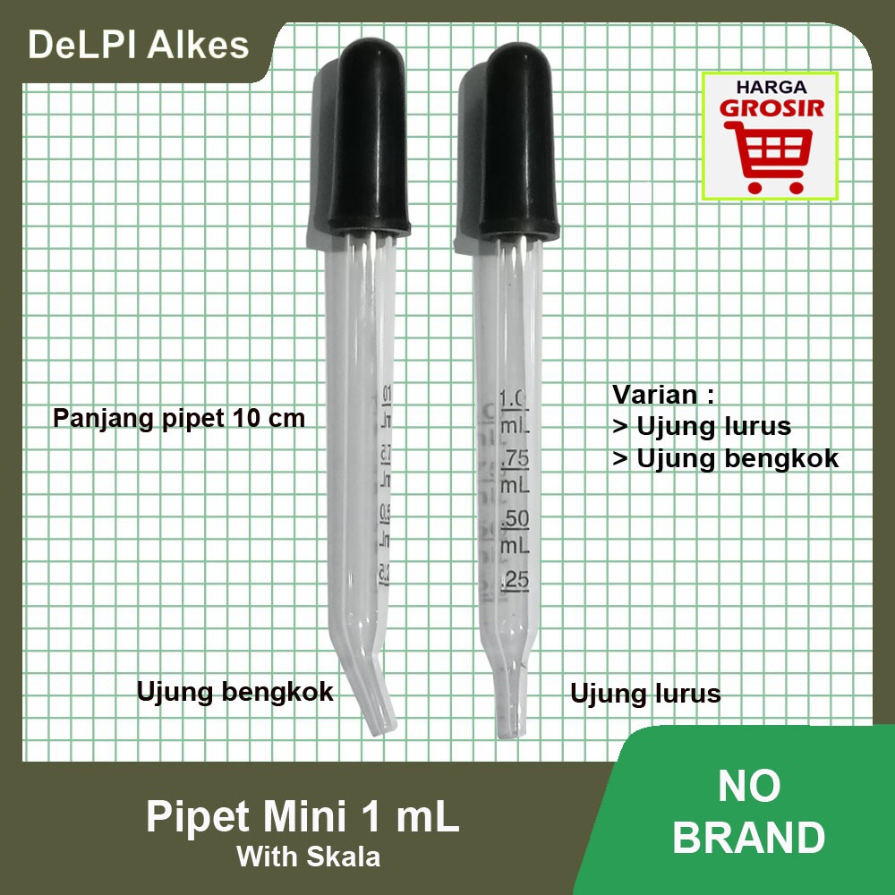 Pipet tetes kaca 1 mL mini dengan skala ujung lurus dan bengkok ukuran 8 cm