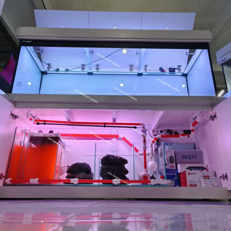 aquarium 200x70x70 15/12mm kaca depan optic clear sistem bottom drain radar otomatis set sump filter