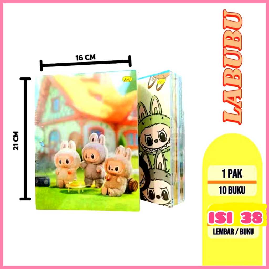 

V2_(1 Pak) Buku Tulis 38 Lembar LABUBU Buku Tulis Kwarto 1 Pak Isi 10 Pcs