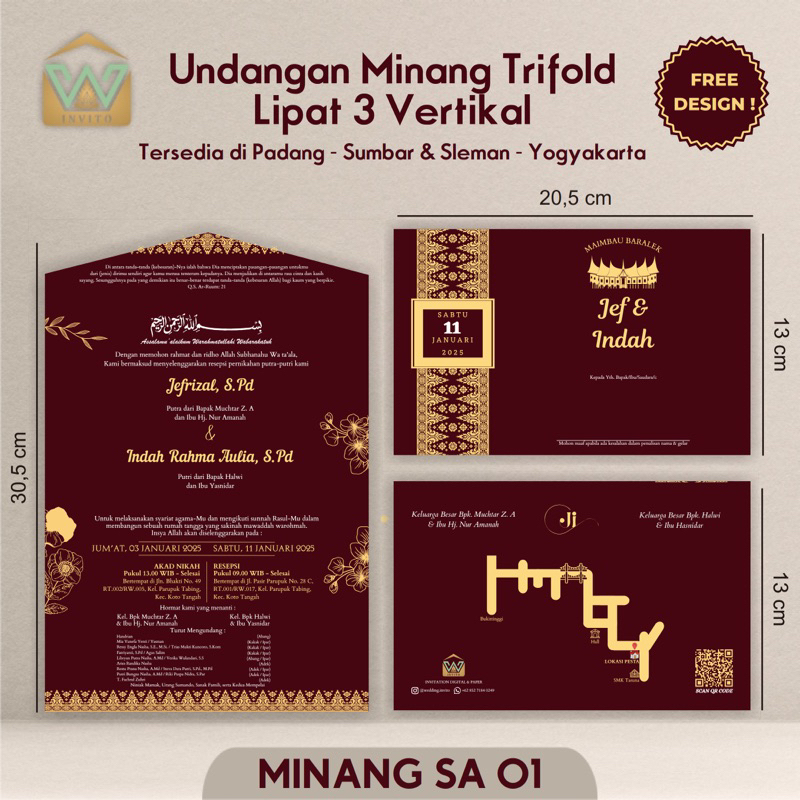 [Minang SA 01] Cetak Undangan Pernikahan Batik-Gold Art Carton Bentuk Semi-Amplop Separasi Custom Ke