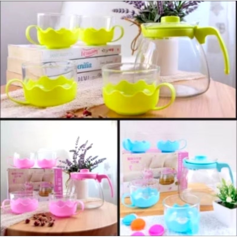 [5in1] Set Teh Pot 1 Kaca-4Gelas Serbaguna Varian 3 Warna Biru-Pink-Hijau