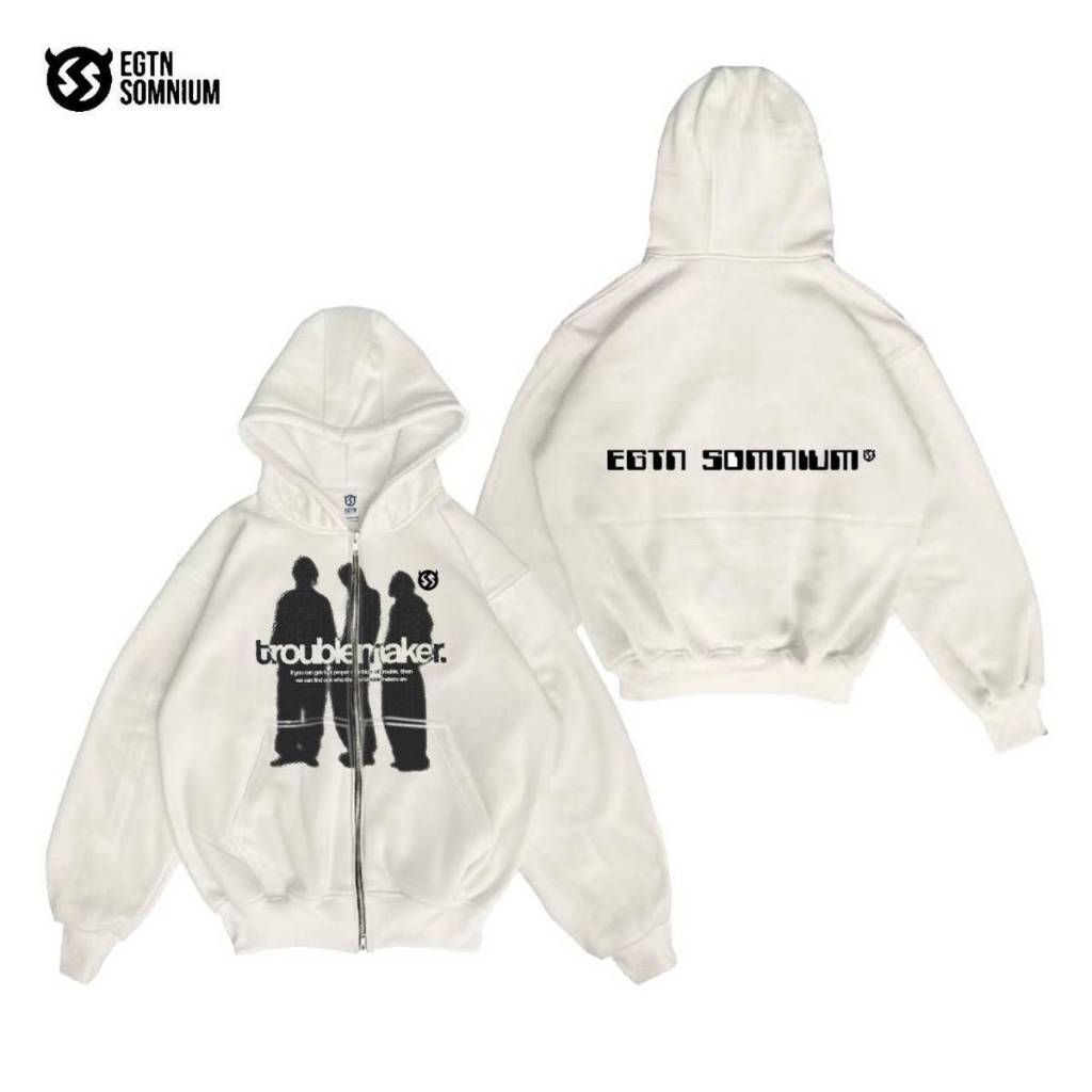 Sweater Zipper Hoodie Boxy Crop Pria Wanita Unisex TROUBLE Warna Putih | Sweater Boxy Crop Terbaru