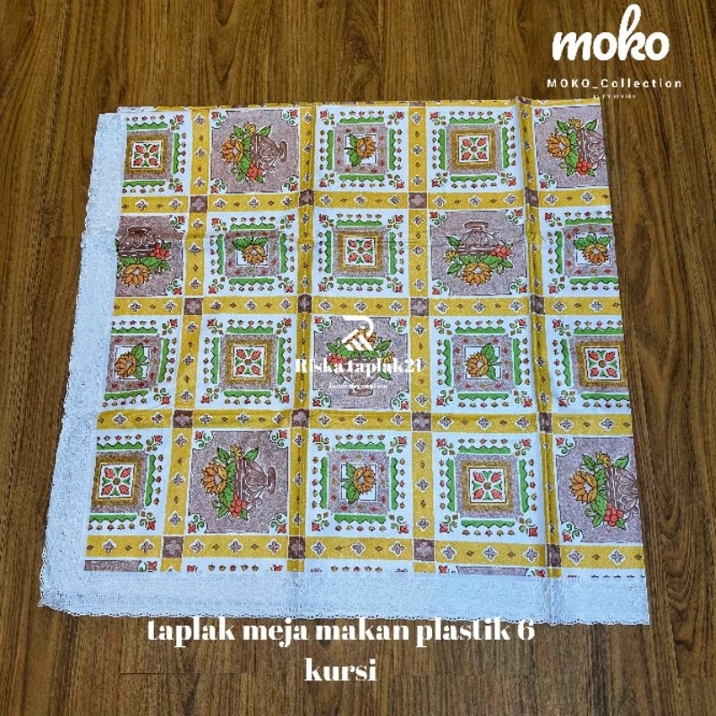 taplak meja makan plastik motif 6 kursi persegi