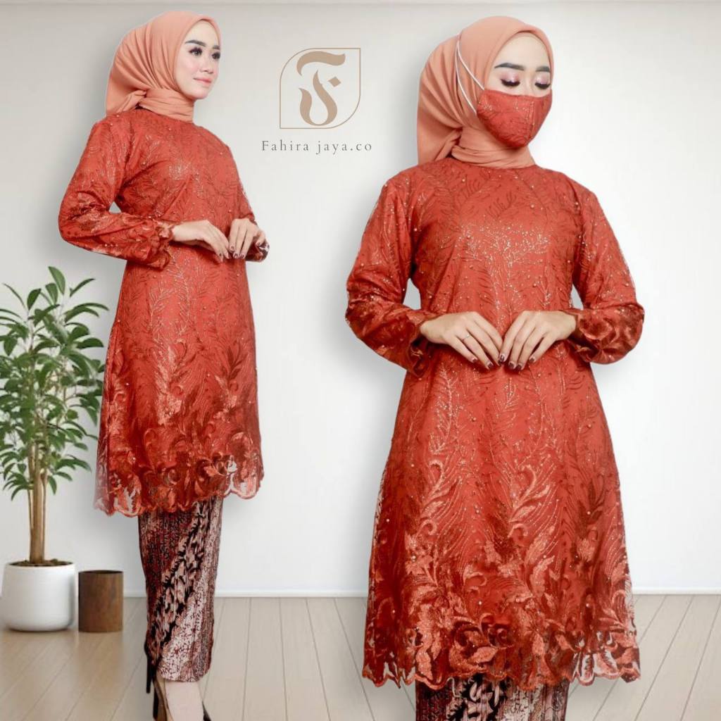 Dheefa - Setelan Kebaya Modern Tunik Melayu Atasan Tile Brokat Kondangan Terbaru -Baju Kebaya Pesta 