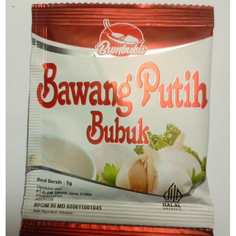 

Bawang Putih Bubuk Bumbuku berat 5 gram. Praktis ekonomis siap pakai Free packing kardus. Pesan 1 sachet pun tetap free packing kardus