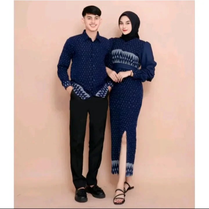 BAJU TENUN RINTIK HUJAN BIRU DONGKER - GAMIS TENUN - DRESS TENUN - KARTINI COUPLE TENUN - SARIMBIT K