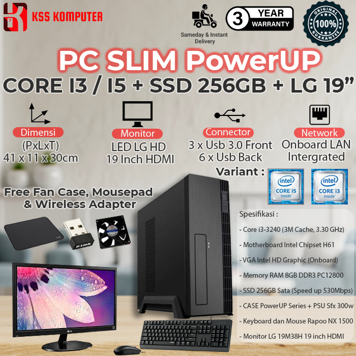 Komputer Slim / MINI PC Core i3 RAM 8GB SSD 256GB Monitor 19 Inch Lengkap Bergaransi