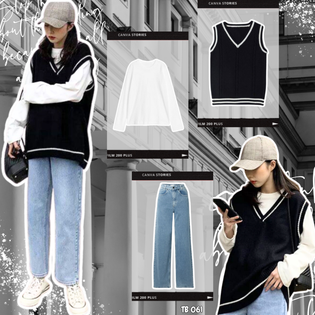 One Set Baju Remaja OOTD Kece Atasan Kaos Putih Panjang Vest Hitam dan Celana Jeans TB 061