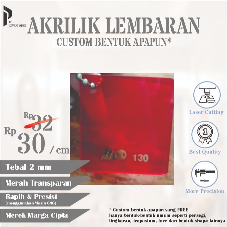 

TERMURAH Rp 30 | CUSTOM AKRILIK MERAH TRANSPARAN KODE 130 2mm / AKRILIK MERAH TRANSPARAN KUSTOM 2 MM / ACRYLIC MERAH CUSTOM 2 mm / LEMBARAN ACRYLIC MERAH