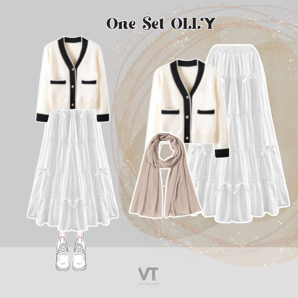 One Set Olly (Hijab, Blouse, Rok) Setelan Baju Wanita Korea Terlaris, Baju Korea Style