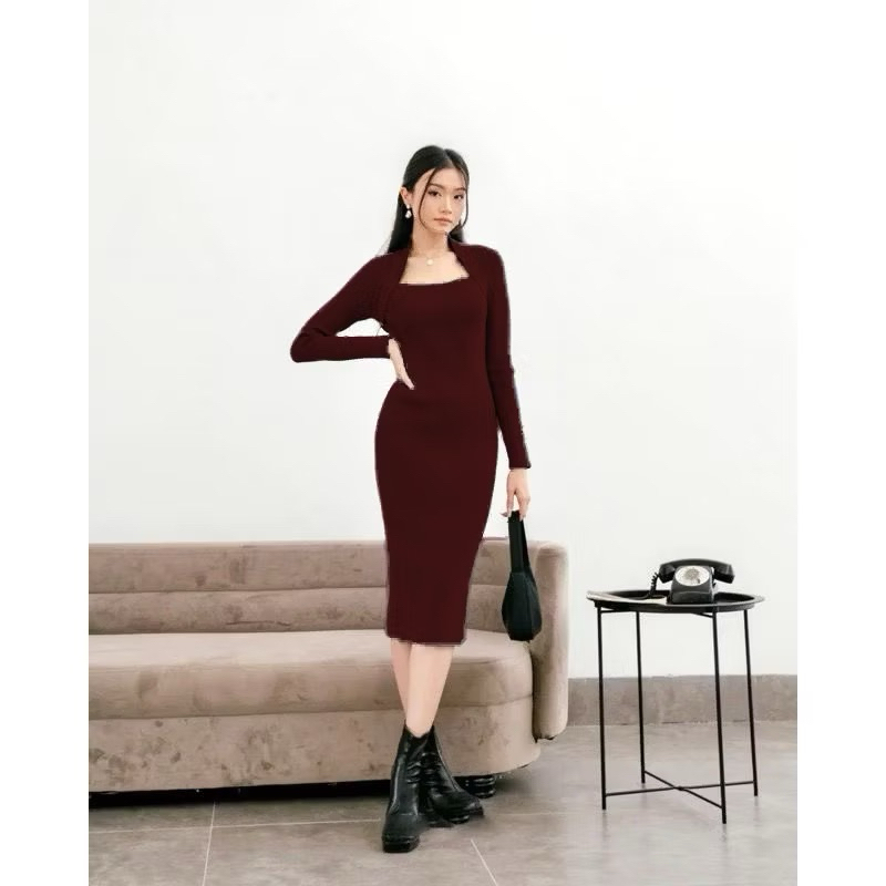NAGITA Dress Korean Style Lengan Panjang Wanita - Dress Square Neck Bodycon - Korean Midi Dress Wani