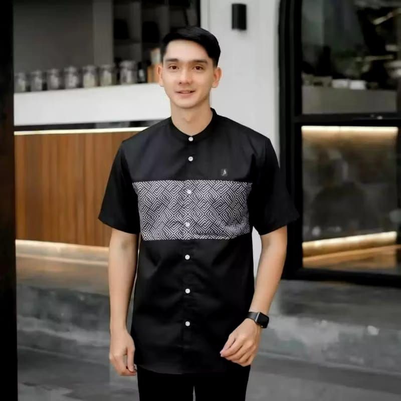 Baju Koko Kurta Lengan Pendek Kombinasi//Koko Pria Lengan Pendek Kombinasi