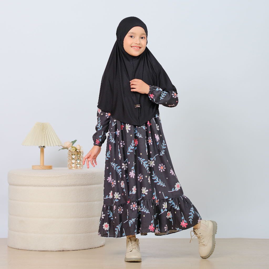 ADIVA Gamis Warna Hitam Dress Anak Perempuan Murah And Lucu Bahan Rayon Kerudung bergo Jersey