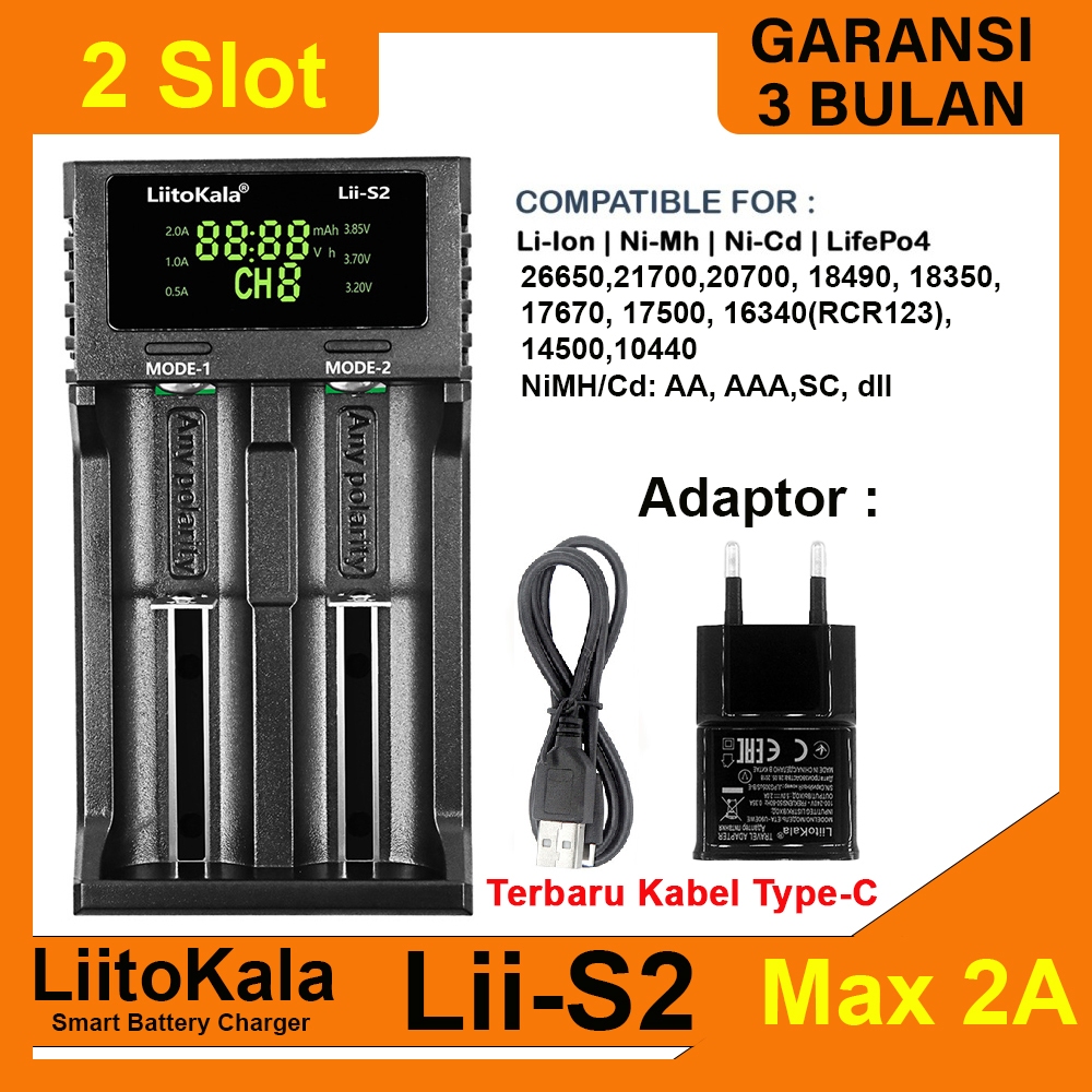 LiitoKala Lii-S2 Charger Baterai Fast Charging 2A Li-Ion LiFePO4 NiMH/NI-Cd 18650 26650 21700 AA AAA