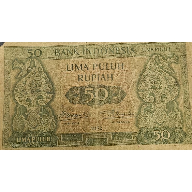 Uang Kuno Negara Indonesia Series Budaya 50 Rupiah Tahun 1952 Kondisi Kertas Vf geripis Original 100