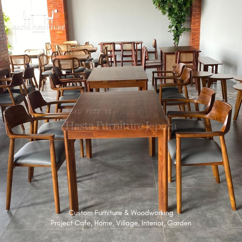 Dinning Table Set, Meja Makan, Kursi Cafe Hirosima Kayu Jati Chusion Oscar Semi Kulit