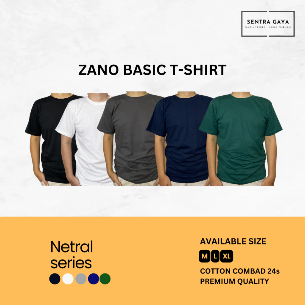 Zano Basic T-Shirt Baju Polos Pria Lengan Pendek Warna Hitam - Putih - Hijau - Army - Navy