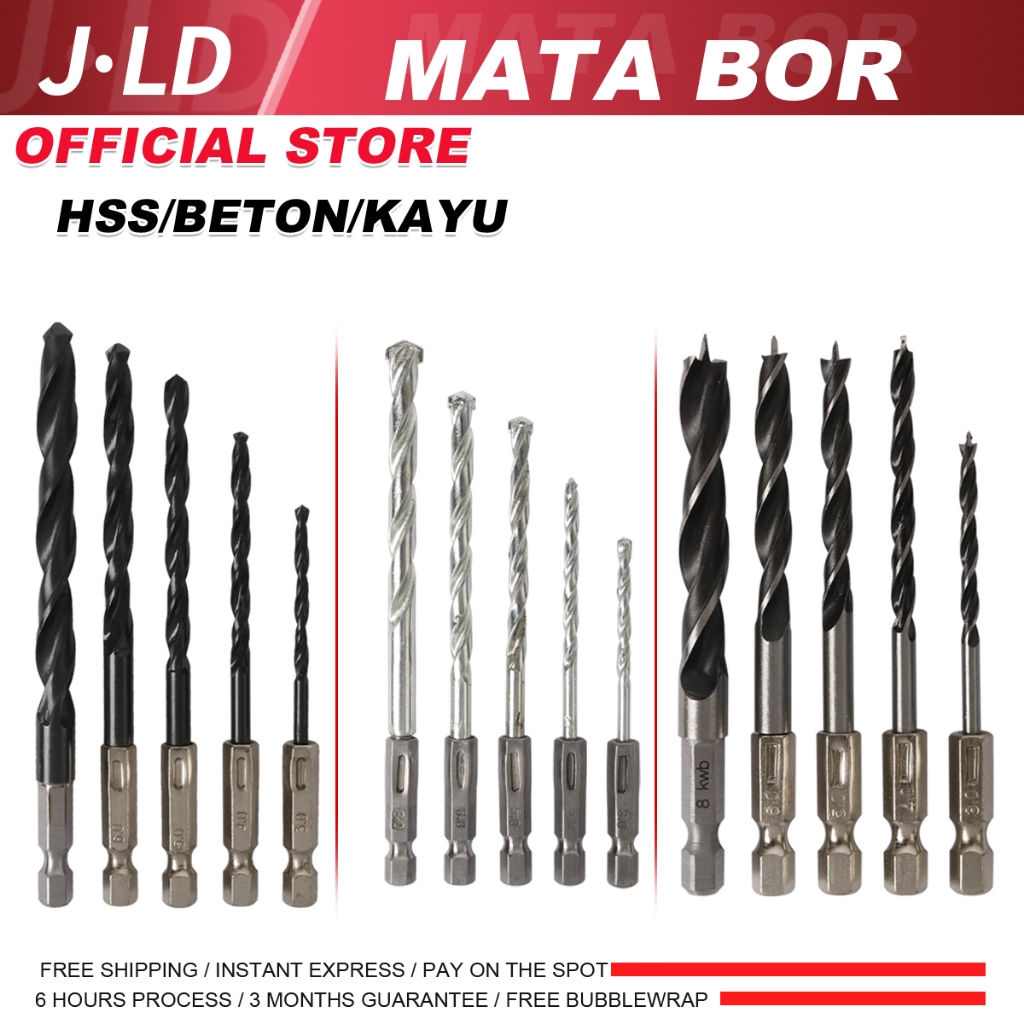 JLD 5PCS Mata Bor Power Drill Bit Hex 1/4 Shank HSS/Beton/Kayu