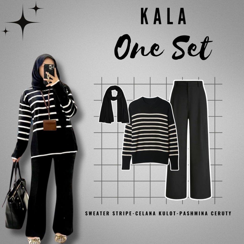 One Set 3 In 1 Kala Dengan (Sweater Rajut Stripe, Celana Kulot Dan Hijab Pashmina Ceruty) Inspo OOTD