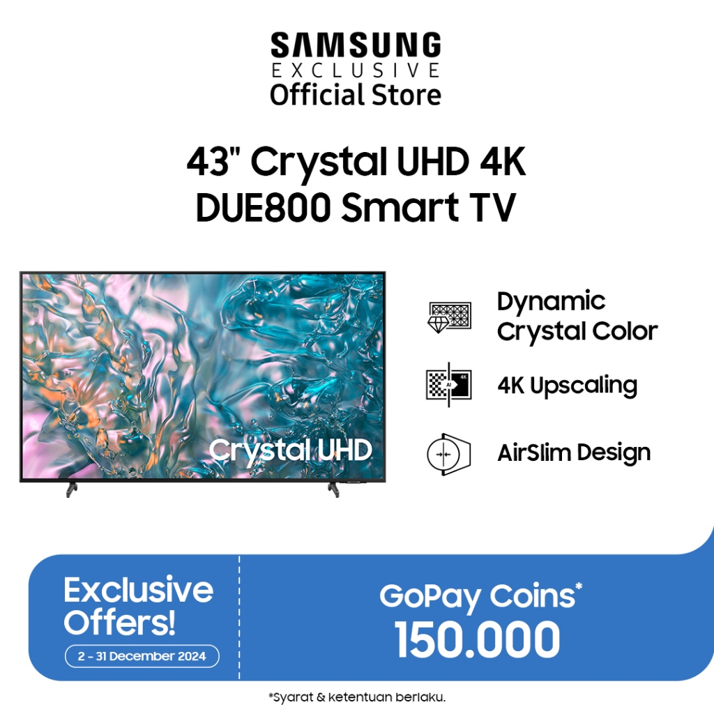 Samsung 43" Crystal UHD 4K DUE800 Smart TV | Dynamic Crystal Color | AirSlim Design | UA43DUE800KXXD