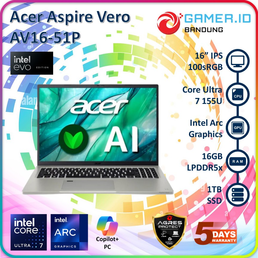 ACER ASPIRE VERO AV16-51P Core Ultra 7 155U 16GB 1TB 16" WUXGA IPS EVO