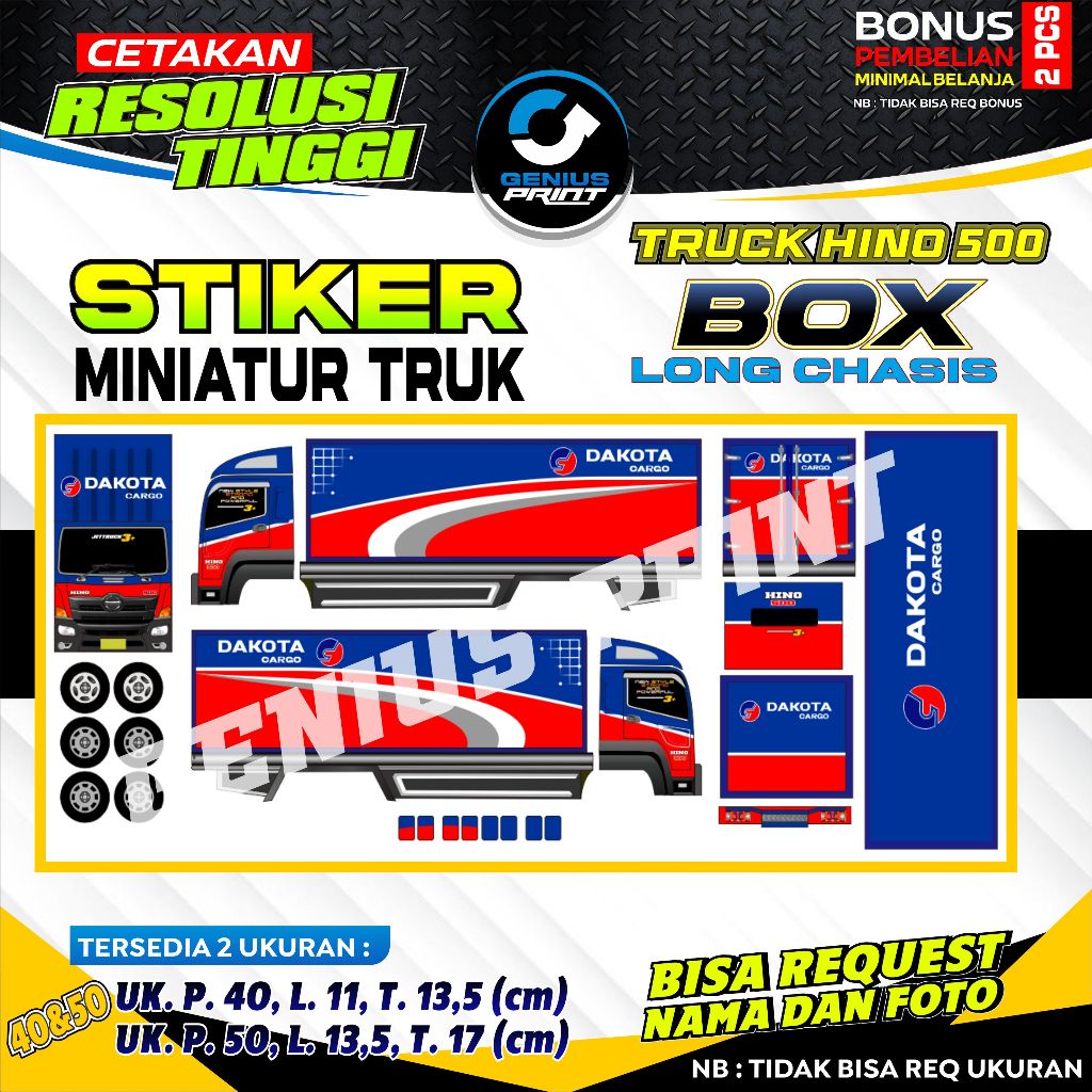 STIKER MINIATUR TRUK HINO 500 BOX LONG CHASIS (Cargo Truck) Uk. 40&50cm