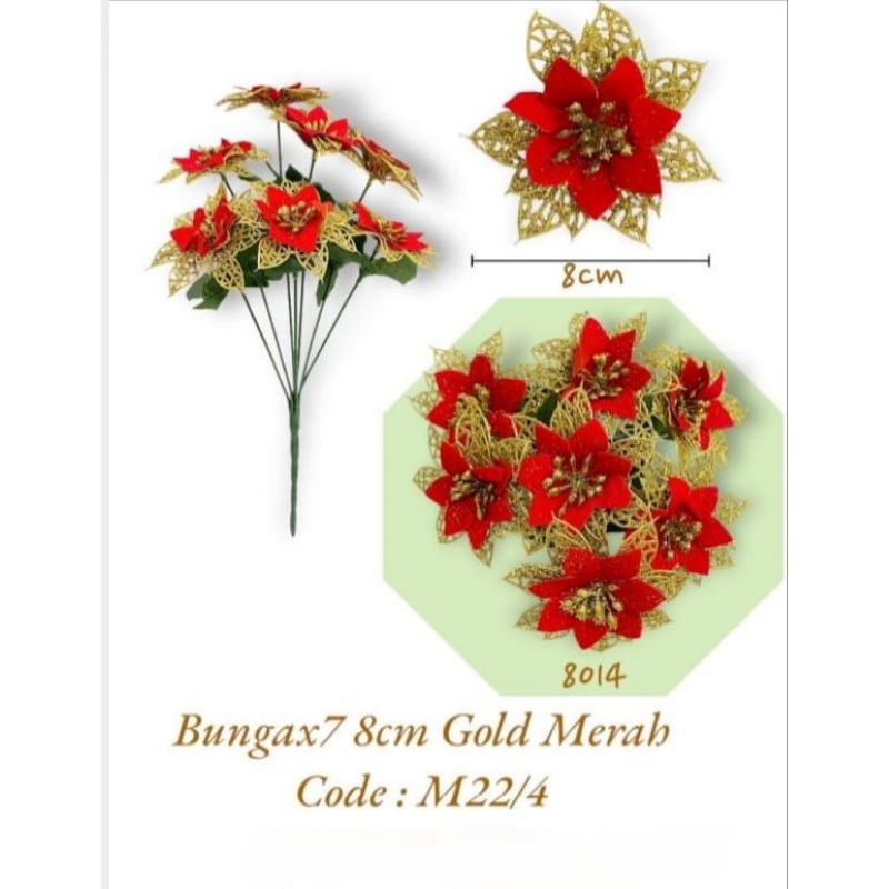 Hiasan Natal Bunga 7 8cm Merah Gold M22/4 - Bunga Natal - Bunga Gold - Bunga Silver - Bunga Merah - 