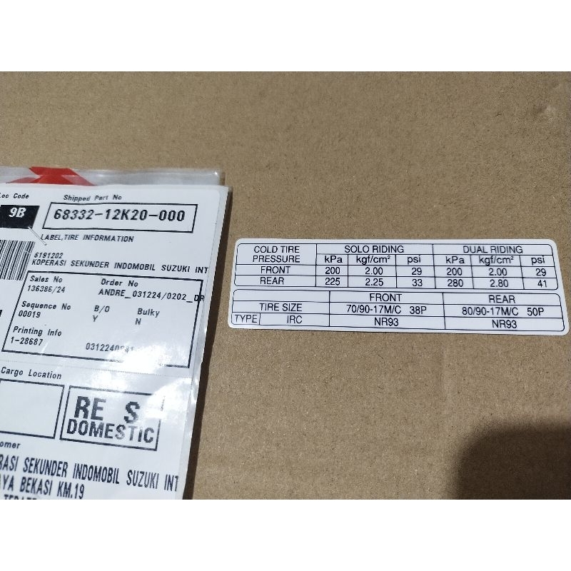 Stiker, Label Tire Information pengingat Tekanan Ban, all Motor Suzuki, original SGP 100%