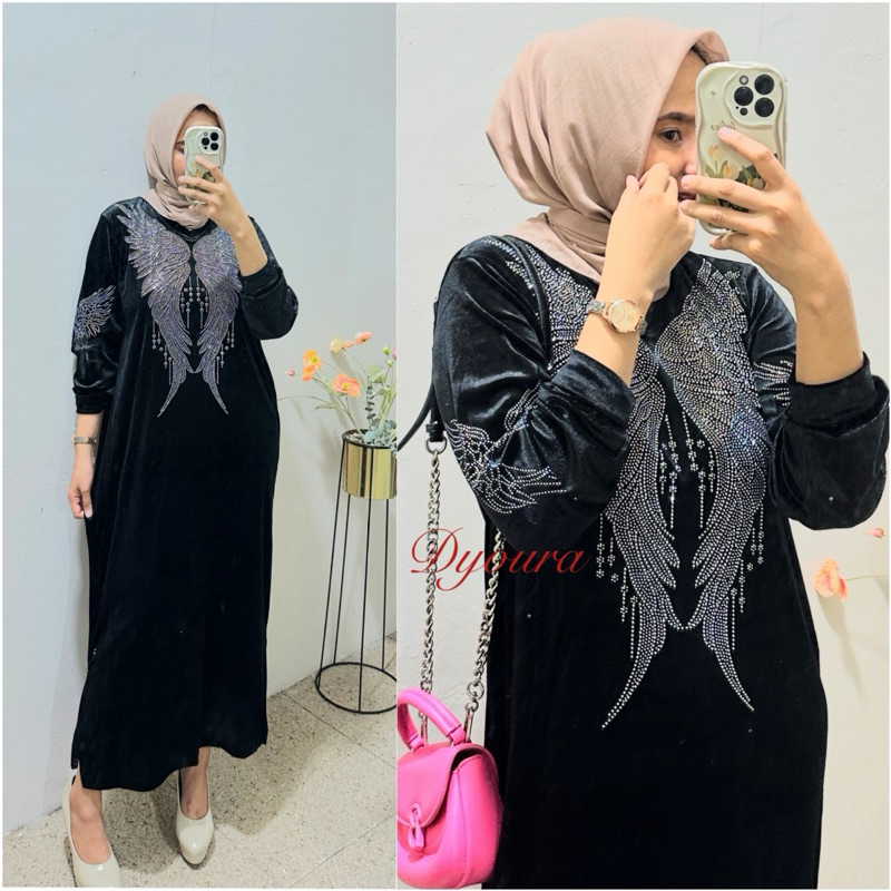 RB dress bludru premium Ori BKK / gamis bludru payet printing