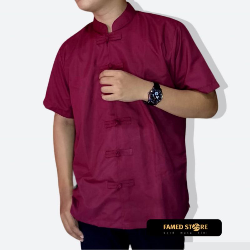 Kemeja Cheongsam / Kemeja Cina Merah Maroon/ Kemeja Pria Cina maroon Lengan Pendek