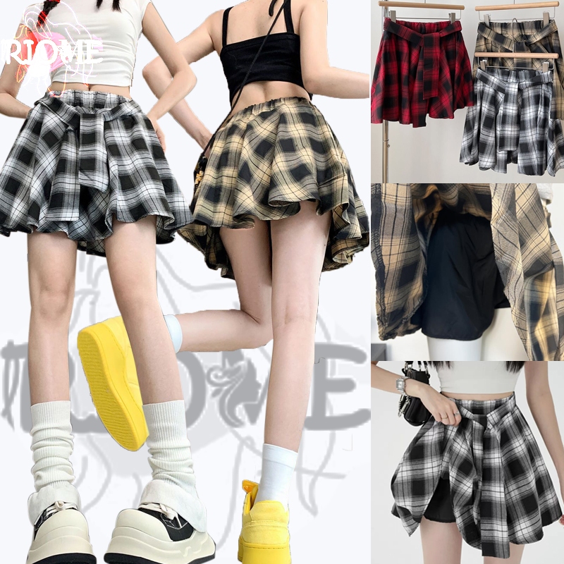 Rok pendek pinggang tinggi ala Korea rok pendek kemeja kotak-kotak Rok pendek Tidak Beraturan rok pe