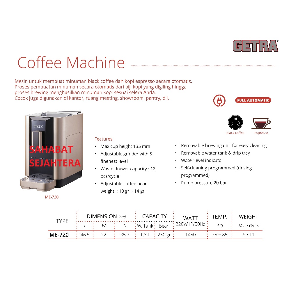 GETRA Mix Coffee Dispenser ME-720 Mesin Pembuat Kopi Espresso Dan Capucino