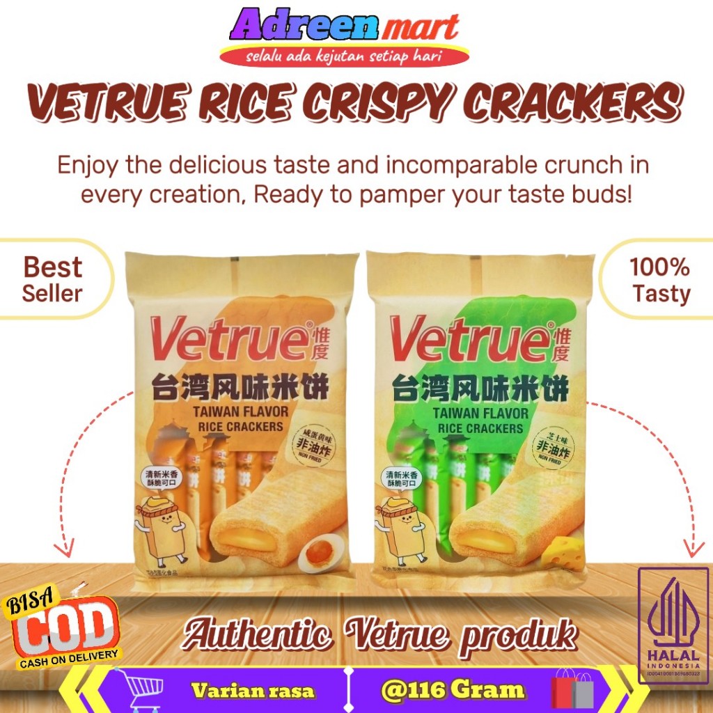 

Vetrue Japanese Taiwan Rice Crispy Crackers Krekers Beras Aneka Rasa Salted Egg Yolk | Cheese 116g (Isi 14 Sachet)