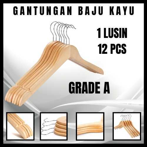 (PAKET 12 PCS) HANGER KAYU NATURAL KUALITAS PREMIUM / GANTUNGAN BAJU KUALITAS PREMIUM - DEWASA, Hang