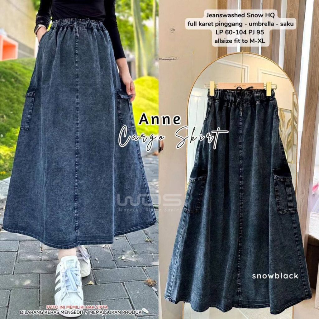 Anne Cargo Skirt Snow Black / Rok Jeans Wanita Panjang / Levis Wanita Kekinian Jumbo Full Karet Ping