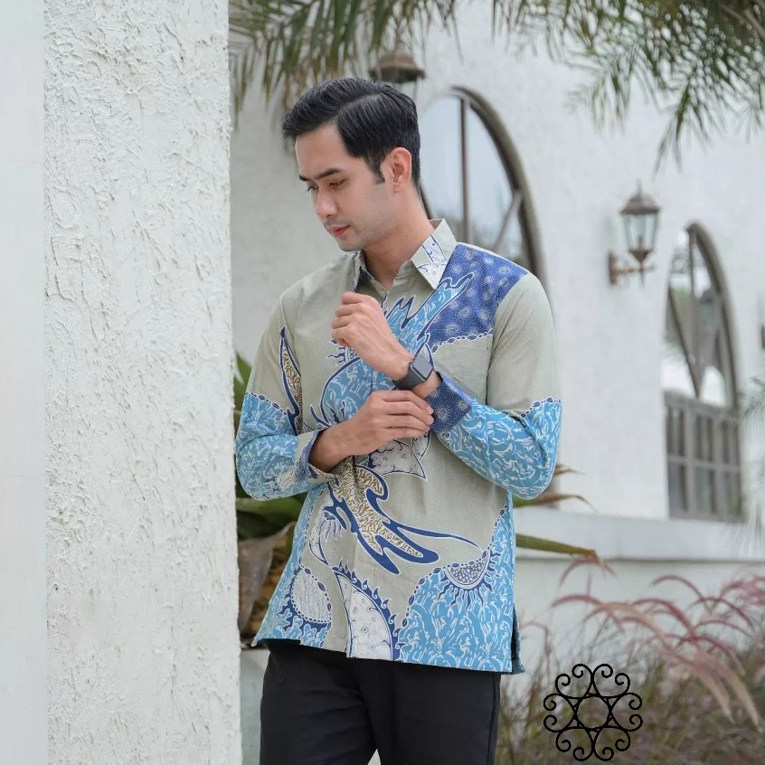 Batik kemeja pria lengan panjang exclusive warna tosca premium motif anak muda jumbo