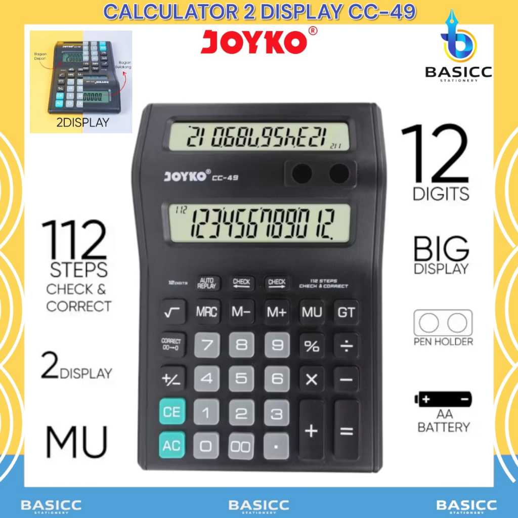 

Joyko Calculator 2 Display Layar LCD | Kalkulator 12 Digits CC - 49