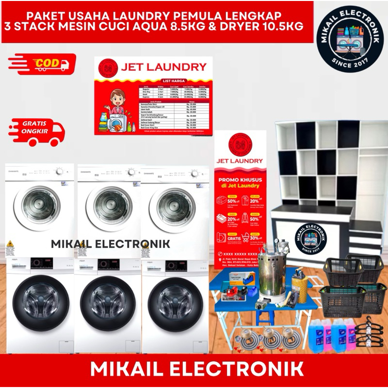 PAKET LAUNDRY KILOAN HEMAT 3 STACK MESIN CUCI AQUA 8.5KG DRYER KONVERSI