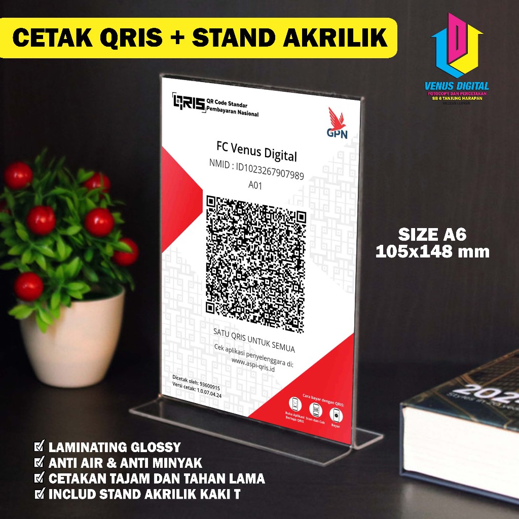 

Paket Cetak Qris dan Stand Akrilik A6 berdiri model T print papan informasi laminasi include dudukan