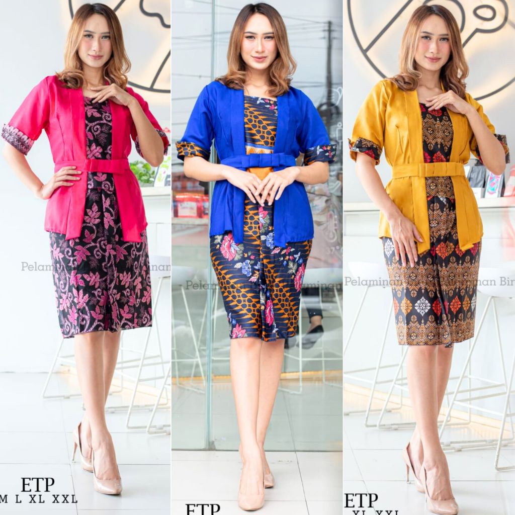Setelan Kebaya Modern Elnira Tangan Pendek Kebaya Kutubaru Combi ETP Magenta Dan Rok Span Batik Lain