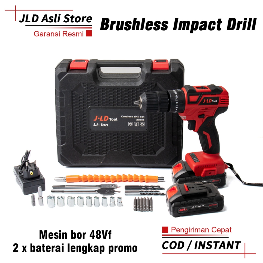 JLD 48Vf Mesin Bor Baterai Brushless Bor Cas jld 2 Batre Case 25+3 Bor Cordless Impact Drill Bor Tan