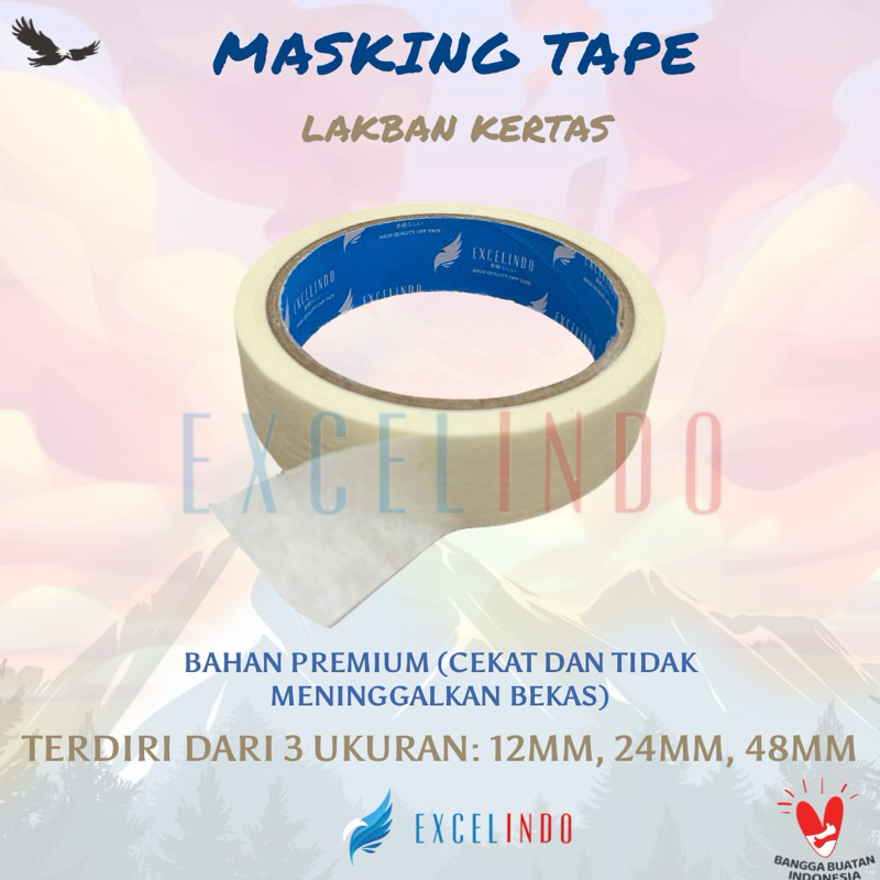 

(ISI 10 PCS) Excelindo Lakban Kertas Masking Tape 12mm 24mm 48mm x 20 YARD REAL PREMIUM QUALITY