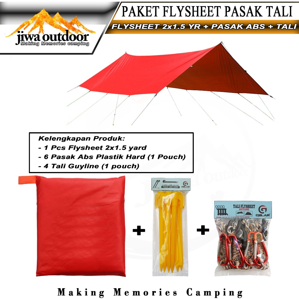 paketan flysheet 200 x 150 + 6 pasak abs + 4 tali guyline flysheet set waterproof atap tenda outdoor